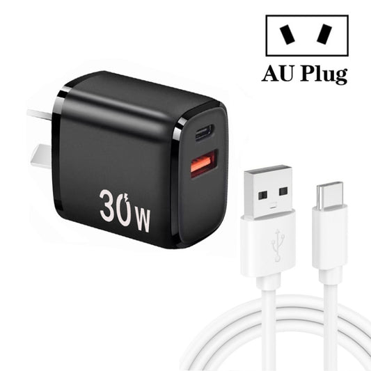 PD30W USB-C / Type-C + QC3.0 USB Charger with 1m USB to Type-C Data Cable, AU Plug(Black) by buy2fix