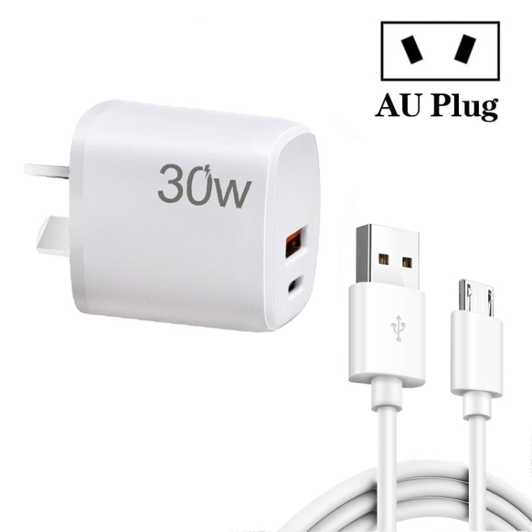 PD30W USB-C / Type-C + QC3.0 USB Charger with 1m USB to Micro USB Data Cable, AU Plug(White) by buy2fix
