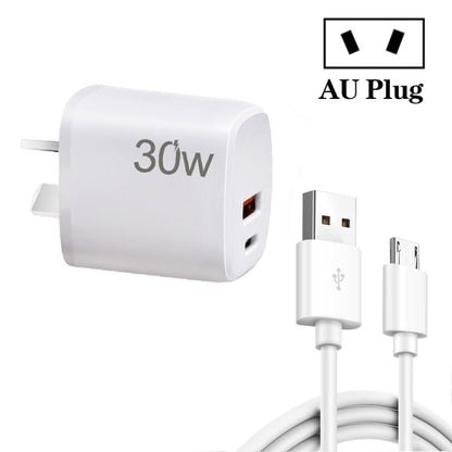 PD30W USB-C / Type-C + QC3.0 USB Charger with 1m USB to Micro USB Data Cable, AU Plug(White) by buy2fix