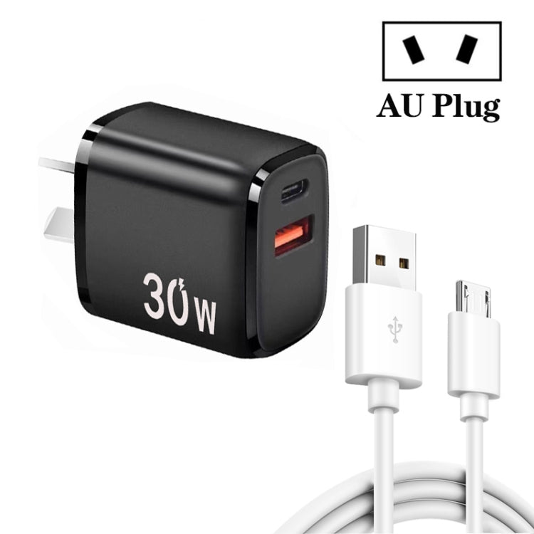 PD30W USB-C / Type-C + QC3.0 USB Charger with 1m USB to Micro USB Data Cable, AU Plug(Black) by buy2fix
