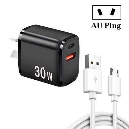 PD30W USB-C / Type-C + QC3.0 USB Charger with 1m USB to Micro USB Data Cable, AU Plug(Black) by buy2fix