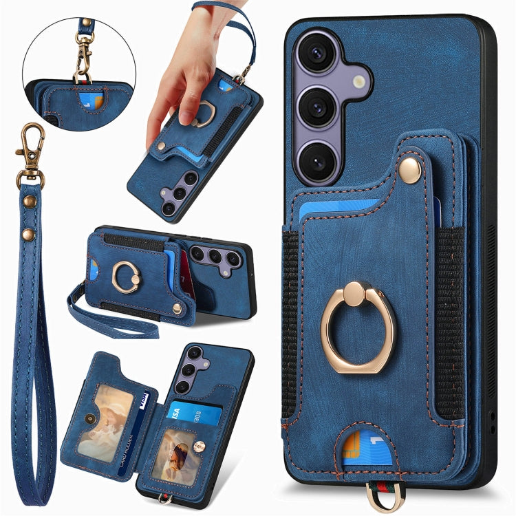 For Samsung Galaxy S25 5G Retro Skin-feel Ring Multi-card Wallet Phone Case(Blue) by buy2fix