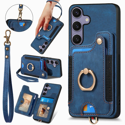 For Samsung Galaxy S25 5G Retro Skin-feel Ring Multi-card Wallet Phone Case(Blue) by buy2fix
