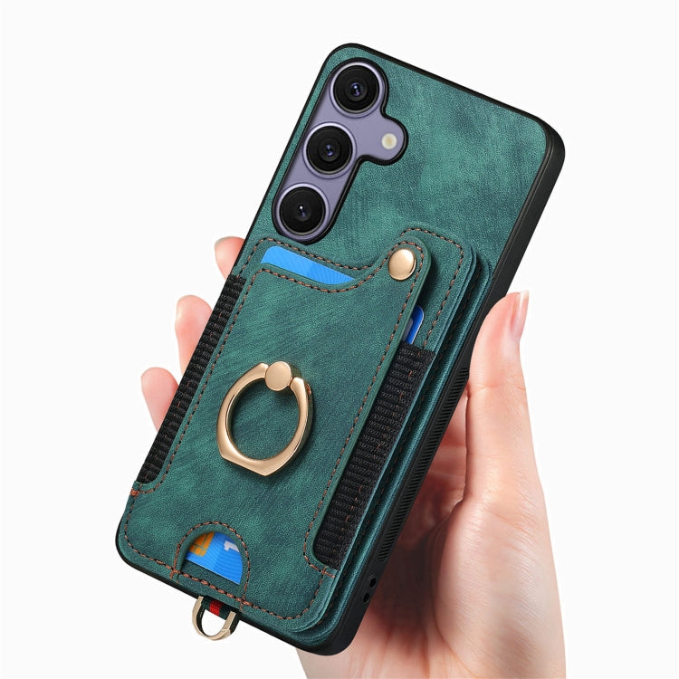 For Samsung Galaxy S25 5G Retro Skin-feel Ring Multi-card Wallet Phone Case(Green) by buy2fix