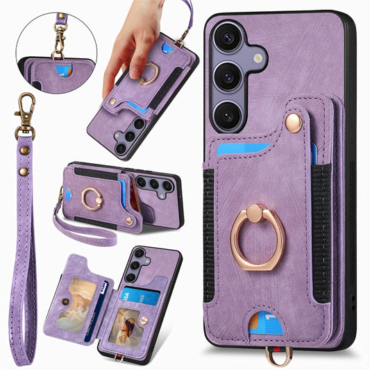 For Samsung Galaxy S25 5G Retro Skin-feel Ring Multi-card Wallet Phone Case(Purple) by buy2fix