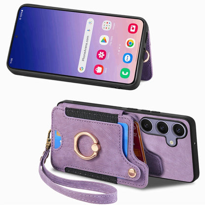 For Samsung Galaxy S25 5G Retro Skin-feel Ring Multi-card Wallet Phone Case(Purple) by buy2fix
