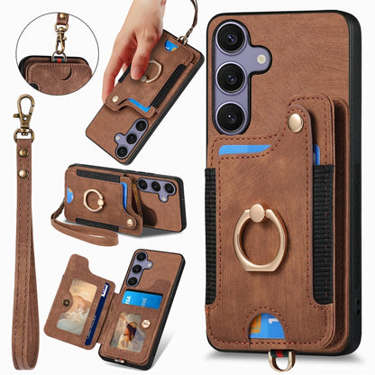 For Samsung Galaxy S25 5G Retro Skin-feel Ring Multi-card Wallet Phone Case(Brown) by buy2fix