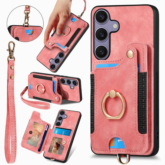 For Samsung Galaxy S25+ 5G Retro Skin-feel Ring Multi-card Wallet Phone Case(Pink) by buy2fix
