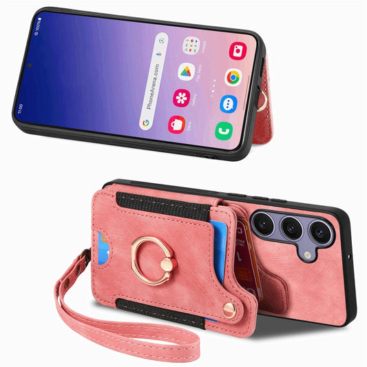 For Samsung Galaxy S25+ 5G Retro Skin-feel Ring Multi-card Wallet Phone Case(Pink) by buy2fix