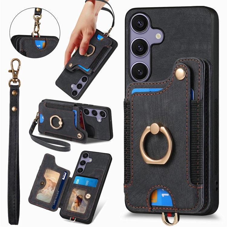 For Samsung Galaxy S25+ 5G Retro Skin-feel Ring Multi-card Wallet Phone Case(Black) by buy2fix