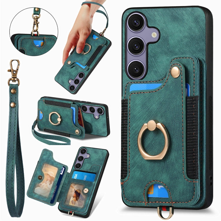 For Samsung Galaxy S25+ 5G Retro Skin-feel Ring Multi-card Wallet Phone Case(Green) by buy2fix
