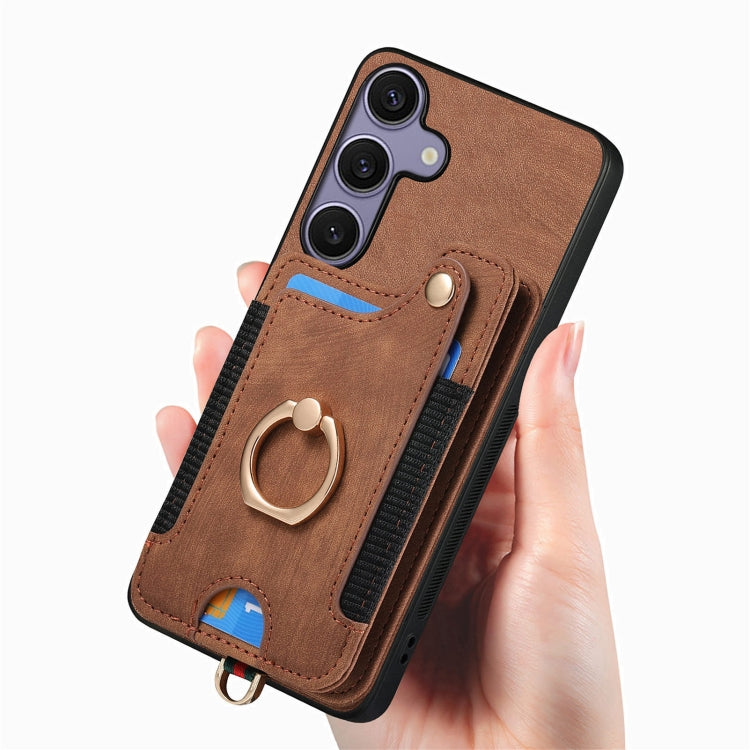 For Samsung Galaxy S25+ 5G Retro Skin-feel Ring Multi-card Wallet Phone Case(Brown) by buy2fix