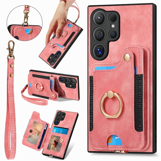 For Samsung Galaxy S25 Ultra 5G Retro Skin-feel Ring Multi-card Wallet Phone Case(Pink) by buy2fix