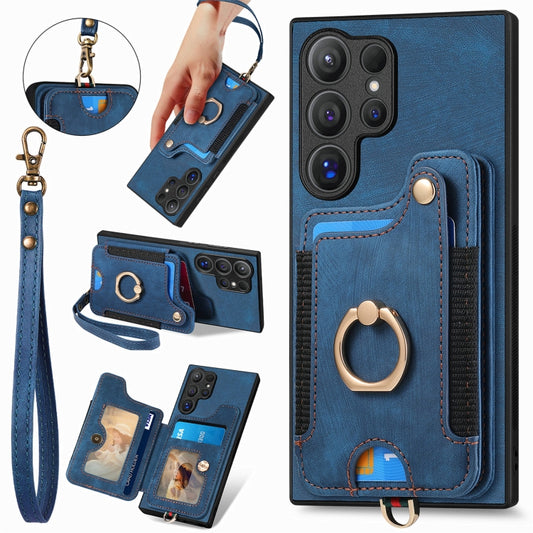For Samsung Galaxy S25 Ultra 5G Retro Skin-feel Ring Multi-card Wallet Phone Case(Blue) by buy2fix