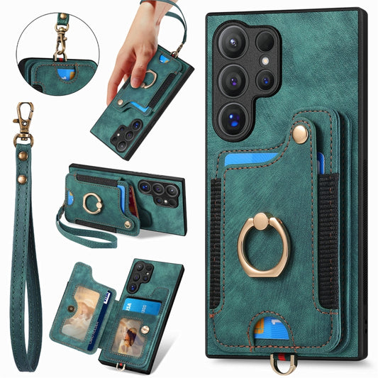 For Samsung Galaxy S25 Ultra 5G Retro Skin-feel Ring Multi-card Wallet Phone Case(Green) by buy2fix