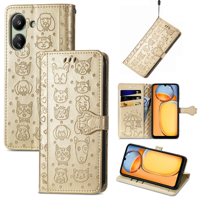 For Xiaomi Redmi 13C Cat and Dog Embossed Leather Phone Case(Gold) by buy2fix