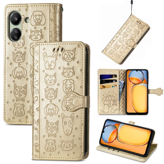 For Xiaomi Redmi 13C Cat and Dog Embossed Leather Phone Case(Gold) by buy2fix