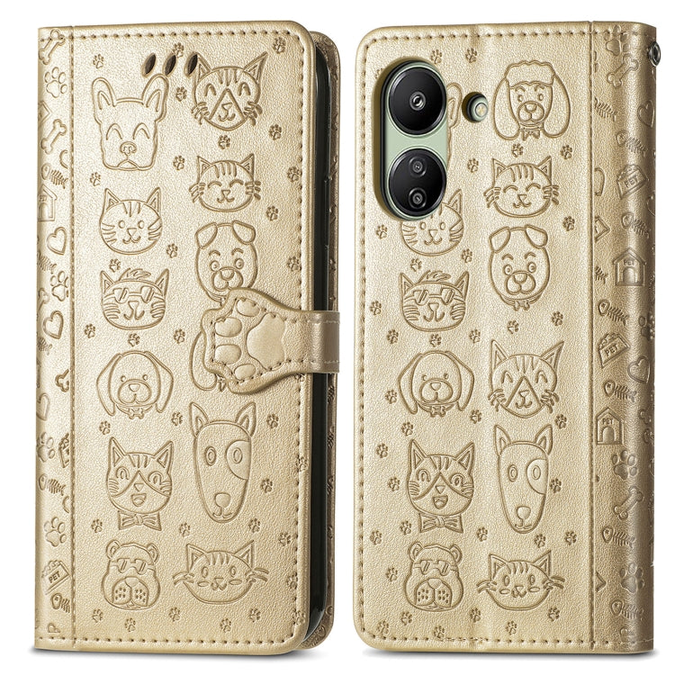 For Xiaomi Redmi 13C Cat and Dog Embossed Leather Phone Case(Gold) by buy2fix