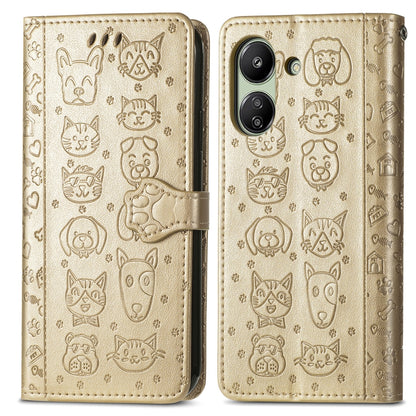 For Xiaomi Redmi 13C Cat and Dog Embossed Leather Phone Case(Gold) by buy2fix