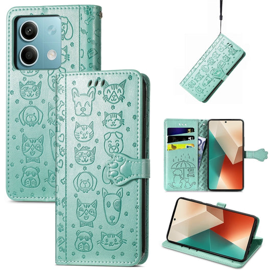 For Xiaomi Redmi Note 13 Cat and Dog Embossed Leather Phone Case(Green) - Xiaomi Cases by buy2fix | Online Shopping UK | buy2fix