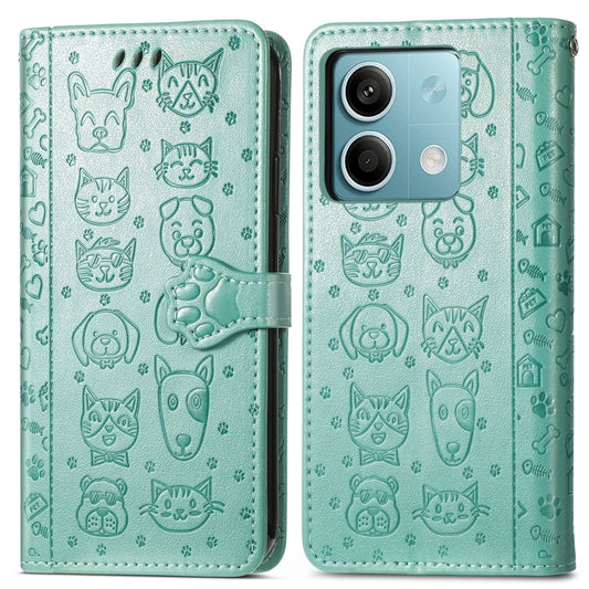 For Xiaomi Redmi Note 13 Cat and Dog Embossed Leather Phone Case(Green) - Xiaomi Cases by buy2fix | Online Shopping UK | buy2fix