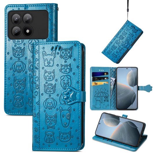 For Xiaomi Redmi K70E Cat and Dog Embossed Leather Phone Case(Blue) - Xiaomi Cases by buy2fix | Online Shopping UK | buy2fix