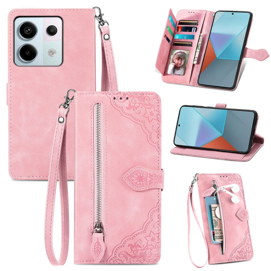 For Xiaomi Redmi Note 13 Pro 5G Embossed Flower Zipper Leather Phone Case(Pink) - Xiaomi Cases by buy2fix | Online Shopping UK | buy2fix