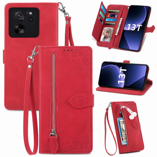 For Xiaomi Redmi K60 Ultra Embossed Flower Zipper Leather Phone Case(Red) - Xiaomi Cases by buy2fix | Online Shopping UK | buy2fix