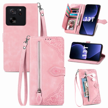 For Xiaomi 13T / 13T Pro Embossed Flower Zipper Leather Phone Case(Pink) - Xiaomi Cases by buy2fix | Online Shopping UK | buy2fix