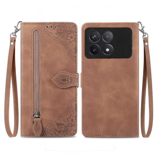 For Xiaomi Redmi K70 Embossed Flower Zipper Leather Phone Case(Brown) - Xiaomi Cases by buy2fix | Online Shopping UK | buy2fix