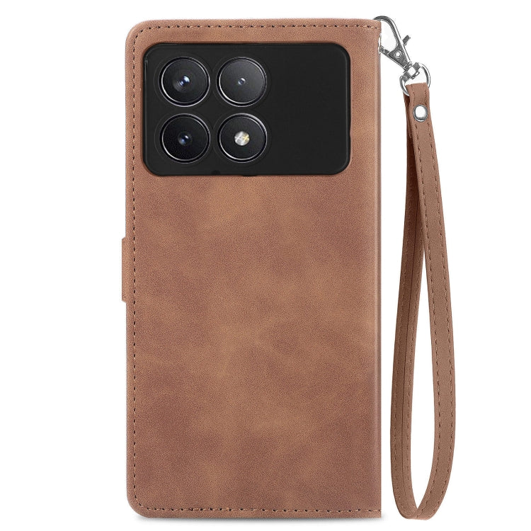 For Xiaomi Redmi K70 Embossed Flower Zipper Leather Phone Case(Brown) - Xiaomi Cases by buy2fix | Online Shopping UK | buy2fix