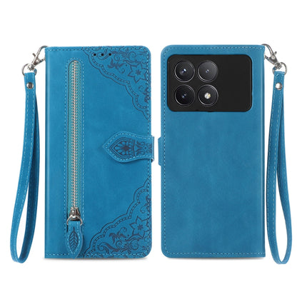For Xiaomi Redmi K70 Embossed Flower Zipper Leather Phone Case(Blue) - Xiaomi Cases by buy2fix | Online Shopping UK | buy2fix