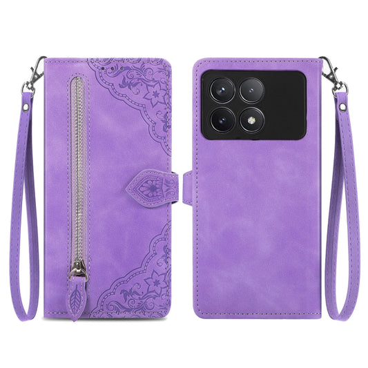 For Xiaomi Redmi K70 Embossed Flower Zipper Leather Phone Case(Purple) - Xiaomi Cases by buy2fix | Online Shopping UK | buy2fix