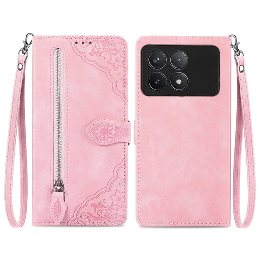 For Xiaomi Redmi K70 Embossed Flower Zipper Leather Phone Case(Pink) - Xiaomi Cases by buy2fix | Online Shopping UK | buy2fix