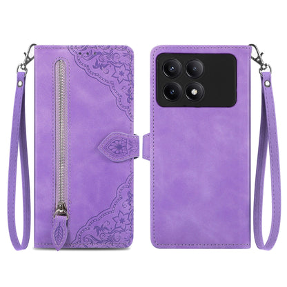 For Xiaomi Redmi K70E Embossed Flower Zipper Leather Phone Case(Purple) - Xiaomi Cases by buy2fix | Online Shopping UK | buy2fix