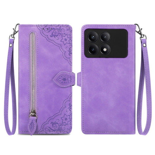 For Xiaomi Redmi K70E Embossed Flower Zipper Leather Phone Case(Purple) - Xiaomi Cases by buy2fix | Online Shopping UK | buy2fix