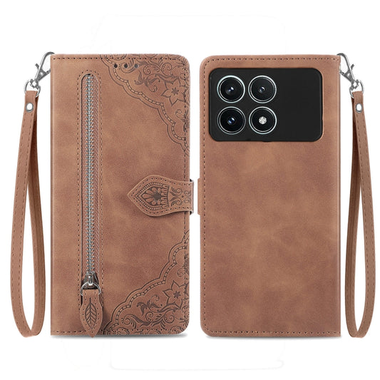 For Xiaomi Redmi K70 Pro Embossed Flower Zipper Leather Phone Case(Brown) - Xiaomi Cases by buy2fix | Online Shopping UK | buy2fix
