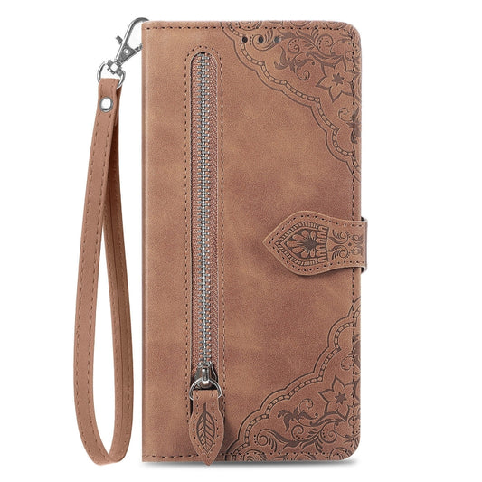 For Xiaomi Redmi K70 Pro Embossed Flower Zipper Leather Phone Case(Brown) - Xiaomi Cases by buy2fix | Online Shopping UK | buy2fix
