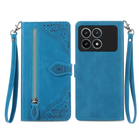 For Xiaomi Redmi K70 Pro Embossed Flower Zipper Leather Phone Case(Blue) - Xiaomi Cases by buy2fix | Online Shopping UK | buy2fix