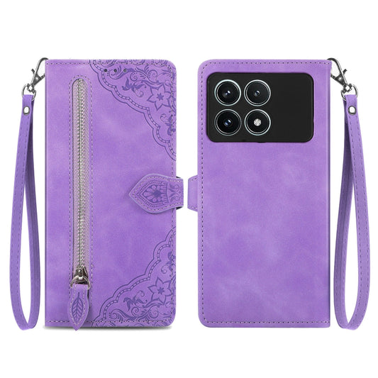 For Xiaomi Redmi K70 Pro Embossed Flower Zipper Leather Phone Case(Purple) - Xiaomi Cases by buy2fix | Online Shopping UK | buy2fix