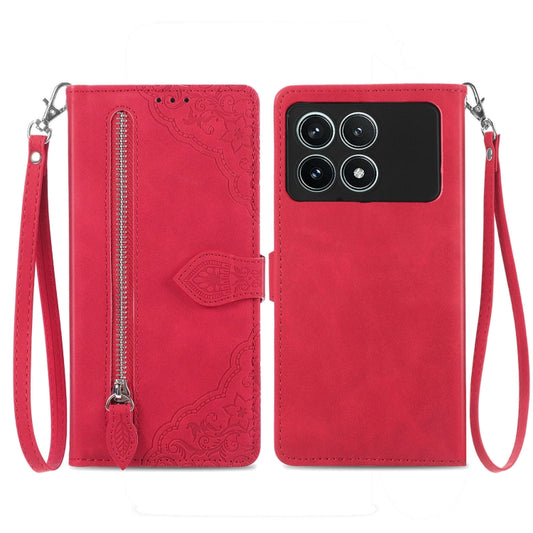 For Xiaomi Redmi K70 Pro Embossed Flower Zipper Leather Phone Case(Red) - Xiaomi Cases by buy2fix | Online Shopping UK | buy2fix