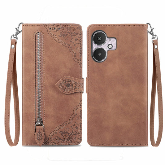 For Xiaomi Redmi 13C 5G Embossed Flower Zipper Leather Phone Case(Brown) by buy2fix