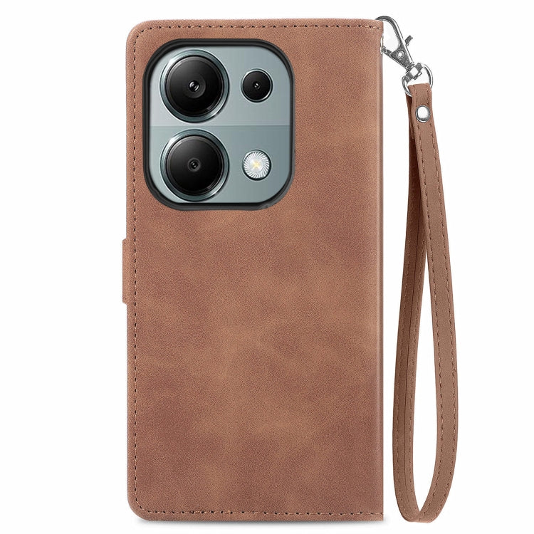 For Xiaomi Poco M6 Pro 4G Embossed Flower Zipper Leather Phone Case(Brown) - Xiaomi Cases by buy2fix | Online Shopping UK | buy2fix