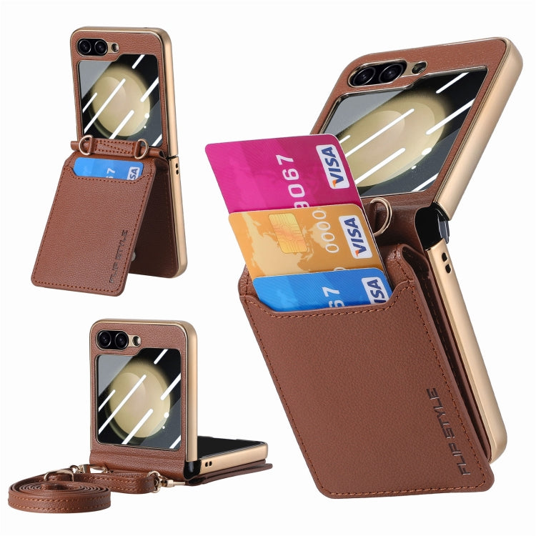 For Samsung Galaxy Z Flip5 5G Crossbody Electroplated Case-film Integrated Wallet Phone Case(Brown) - Galaxy Z Flip5 Cases by buy2fix | Online Shopping UK | buy2fix