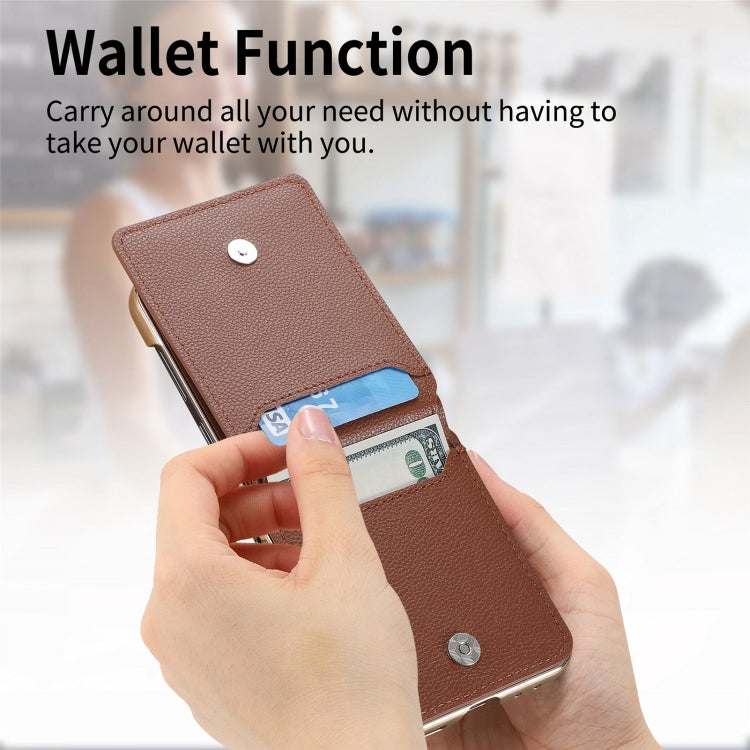 For Samsung Galaxy Z Flip5 5G Crossbody Electroplated Case-film Integrated Wallet Phone Case(Brown) - Galaxy Z Flip5 Cases by buy2fix | Online Shopping UK | buy2fix