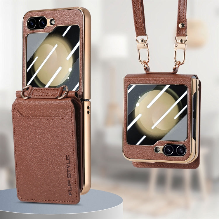 For Samsung Galaxy Z Flip5 5G Crossbody Electroplated Case-film Integrated Wallet Phone Case(Brown) - Galaxy Z Flip5 Cases by buy2fix | Online Shopping UK | buy2fix