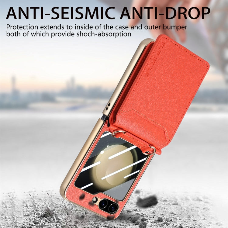 For Samsung Galaxy Z Flip5 5G Crossbody Electroplated Case-film Integrated Wallet Phone Case(Orange) - Galaxy Z Flip5 Cases by buy2fix | Online Shopping UK | buy2fix