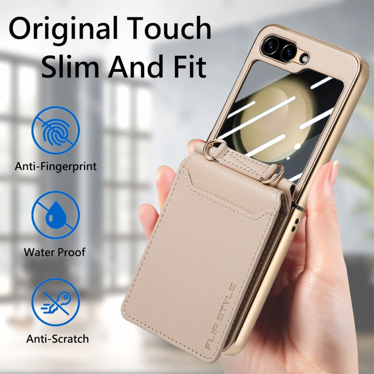 For Samsung Galaxy Z Flip5 5G Crossbody Electroplated Case-film Integrated Wallet Phone Case(Khaki) - Galaxy Z Flip5 Cases by buy2fix | Online Shopping UK | buy2fix