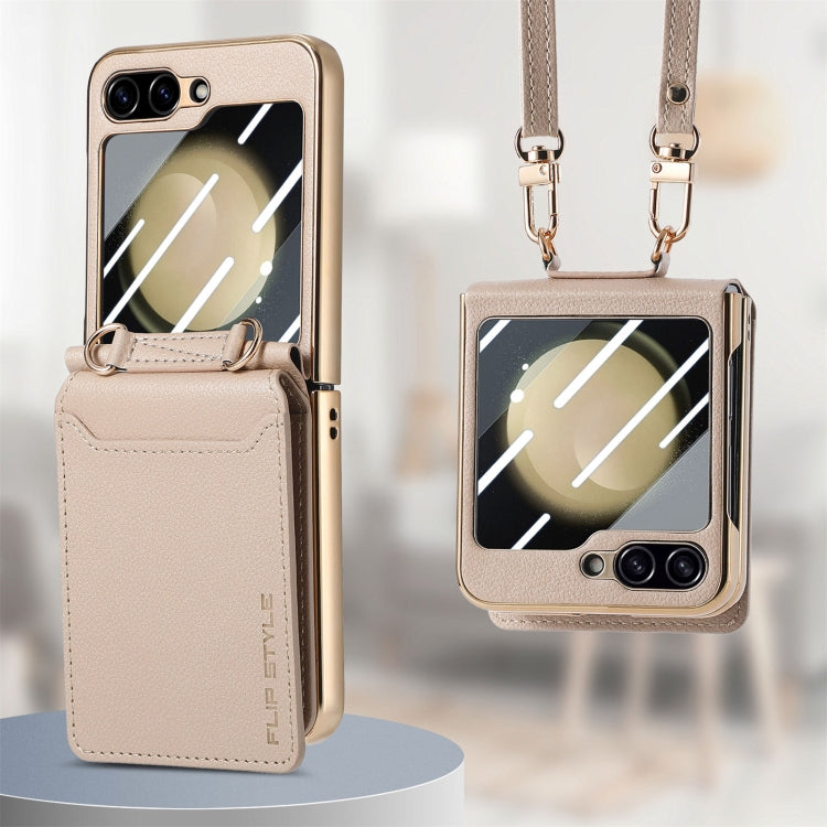 For Samsung Galaxy Z Flip5 5G Crossbody Electroplated Case-film Integrated Wallet Phone Case(Khaki) - Galaxy Z Flip5 Cases by buy2fix | Online Shopping UK | buy2fix