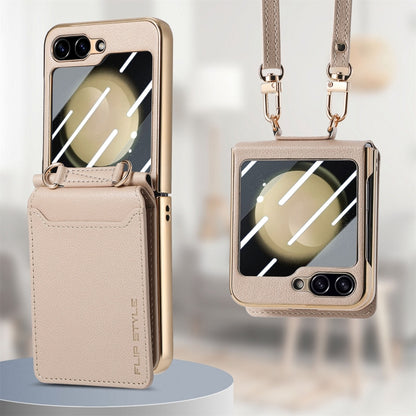 For Samsung Galaxy Z Flip5 5G Crossbody Electroplated Case-film Integrated Wallet Phone Case(Khaki) - Galaxy Z Flip5 Cases by buy2fix | Online Shopping UK | buy2fix